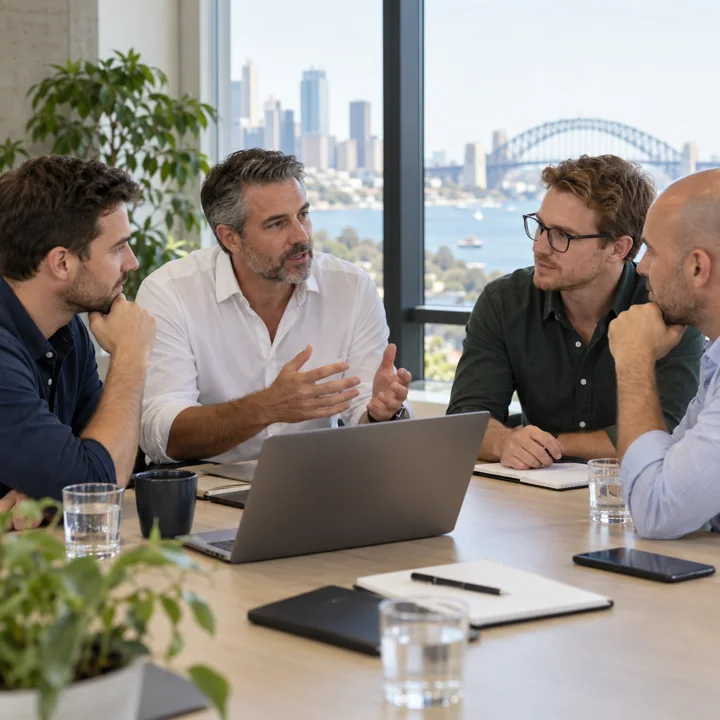 Four men discussing business around a meeting table