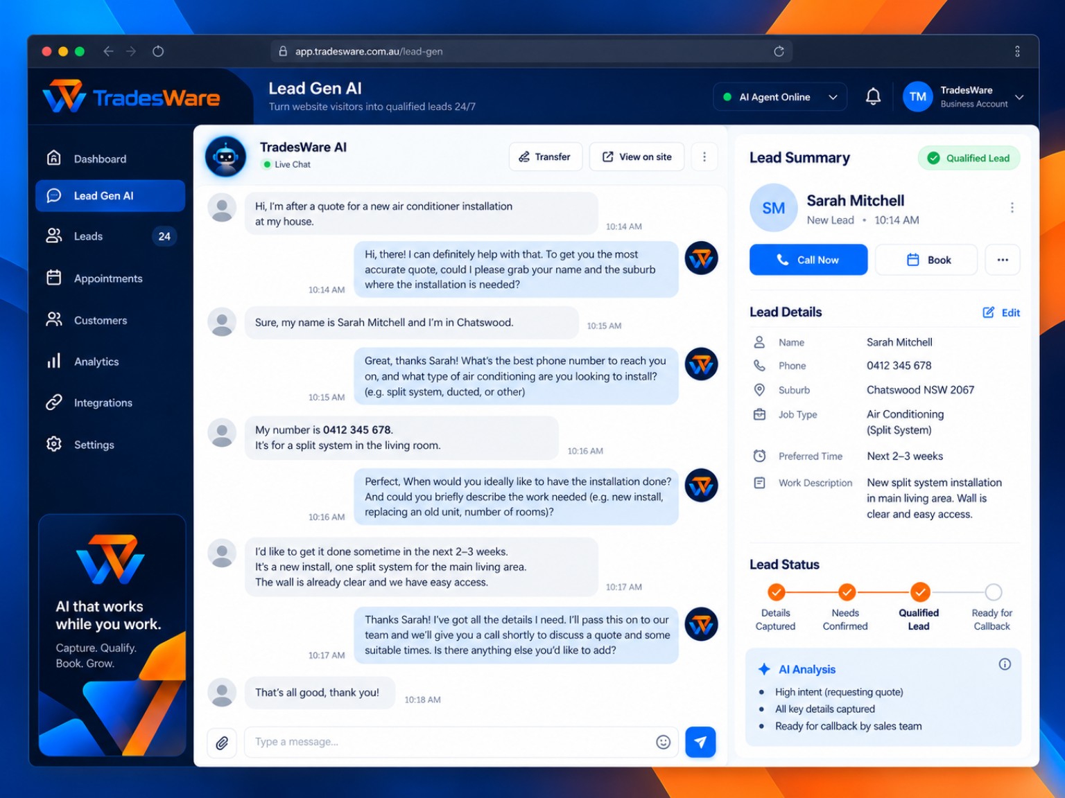 TradesWare Lead Gen AI qualifying a customer enquiry
